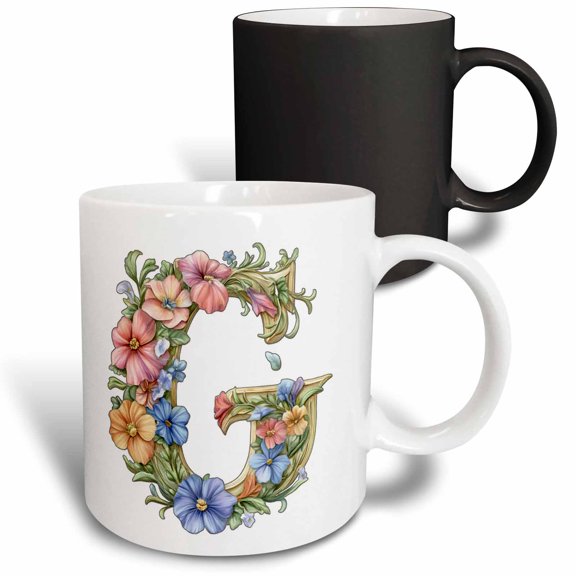 3drose, Pretty Watercolor Floral Monogram Letter G, 11oz Magic Transforming Mug