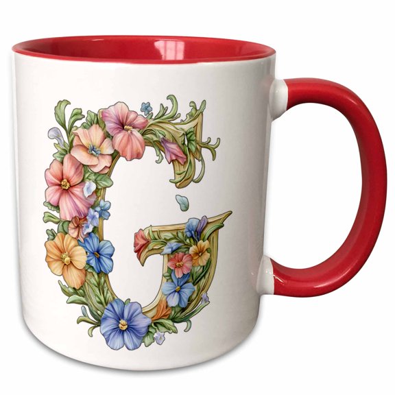 3drose, Pretty Watercolor Floral Monogram Letter G, 11oz Two-tone Red Mug