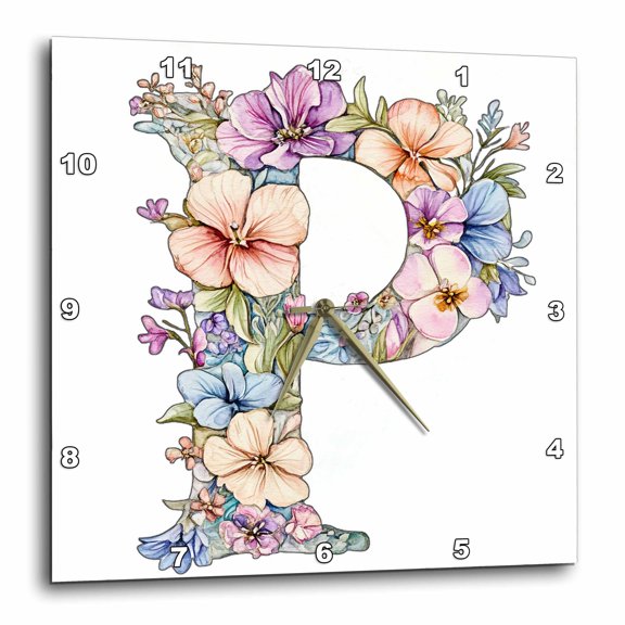 3drose, Pretty Watercolor Floral Monogram Letter P, 10x10 Wall Clock