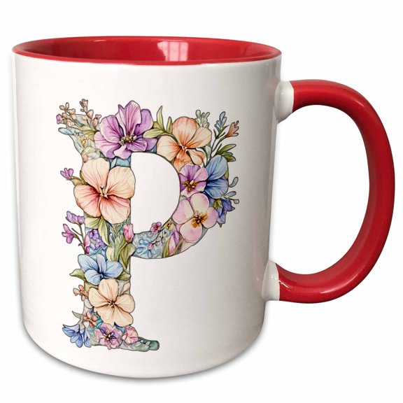 3drose, Pretty Watercolor Floral Monogram Letter P, 11oz Two-tone Red Mug