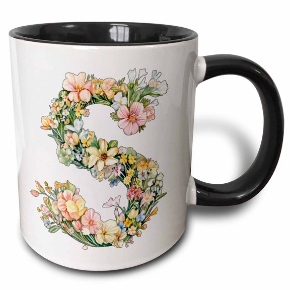 3drose, Pretty Watercolor Floral Monogram Letter S, 11oz Two-tone Black Mug