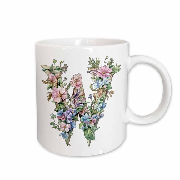 3drose, Pretty Watercolor Floral Monogram Letter W, 11oz Mug