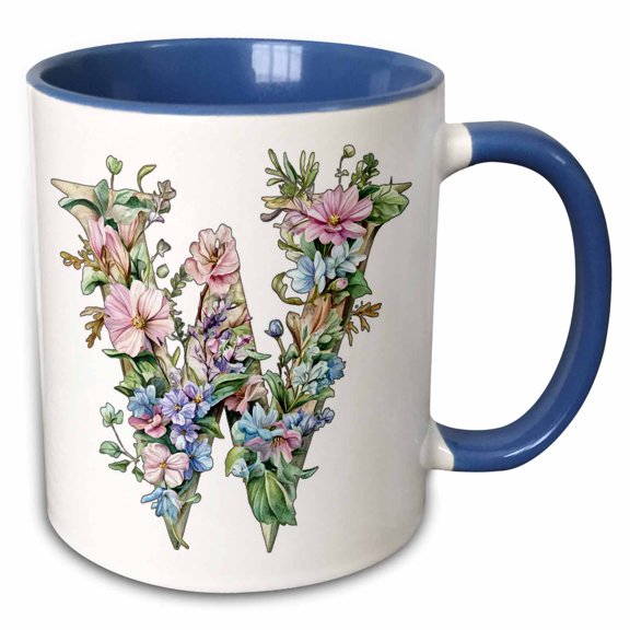 3drose, Pretty Watercolor Floral Monogram Letter W, 11oz Two-tone Blue Mug