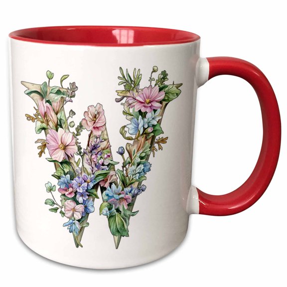 3drose, Pretty Watercolor Floral Monogram Letter W, 11oz Two-tone Red Mug