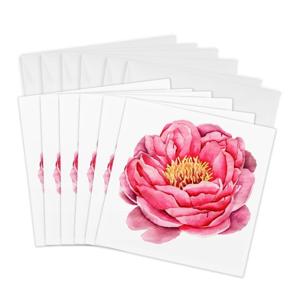 3drose, Pretty Watercolor Pink Peony Flower Bloom, 6 Greeting Cards with Envelopes