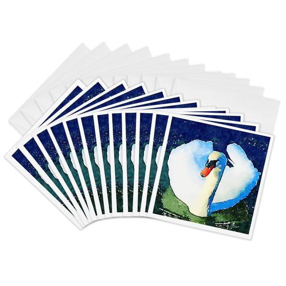 3drose, Pretty White Swan Image of Watercolor Painting, 12 Greeting Cards with Envelopes