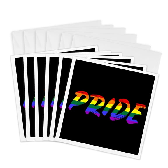 3drose, Pride Written in Rainbow, Brush Stroke Lettering on Black Background., 6 Greeting Cards with Envelopes
