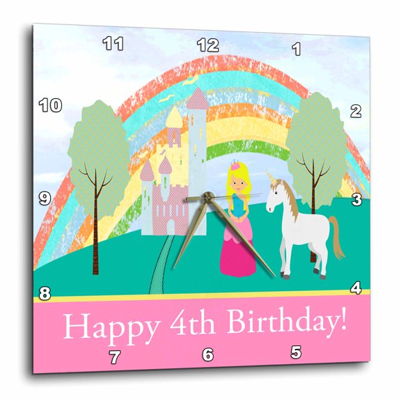 3drose, Princess and Unicorn, Castle Trees, and Rainbow, Happy 4th Birthday, 10x10 Wall Clock