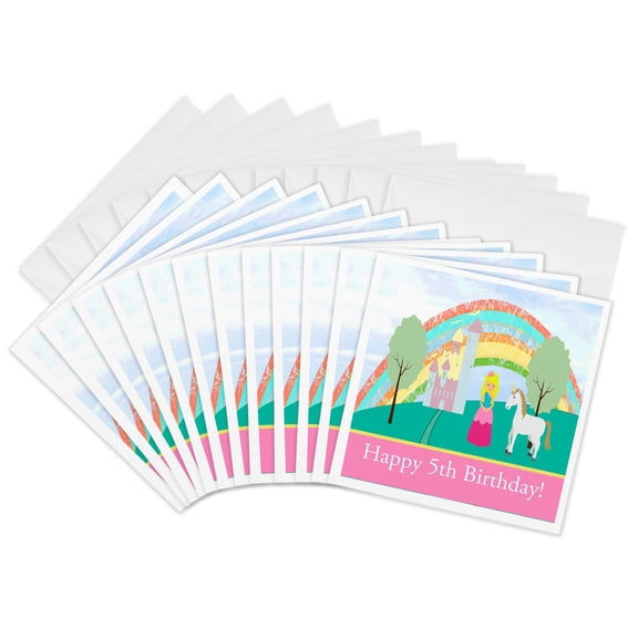 3drose, Princess and Unicorn, Castle Trees, and Rainbow, Happy 5th Birthday, 12 Greeting Cards with Envelopes