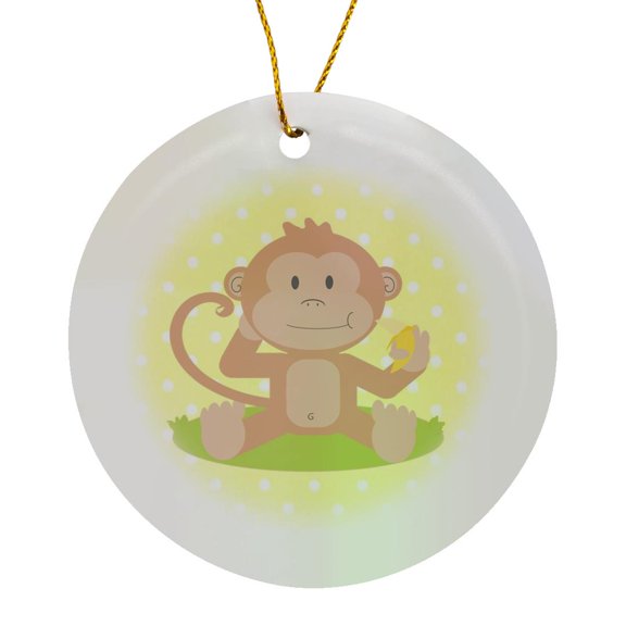 3drose, Print of Baby Monkey with Banana on Yellow, Circle Porcelain Ornament