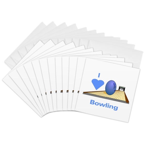 3drose, Print of Big Blue Heart with Cartoon Bowling, 12 Greeting Cards with Envelopes