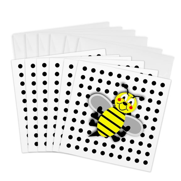 3drose, Print of Cute Bumble Bee Cartoon on Dots, 6 Greeting Cards with Envelopes