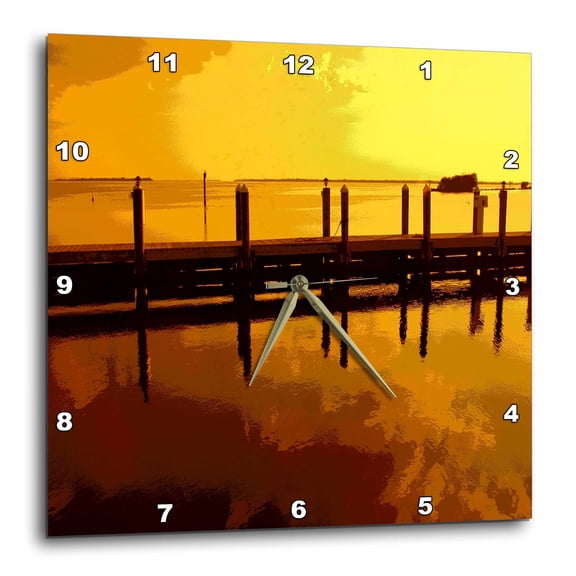 3drose, Print of Dock over Tides in Golden Abstract, 13x13 Wall Clock