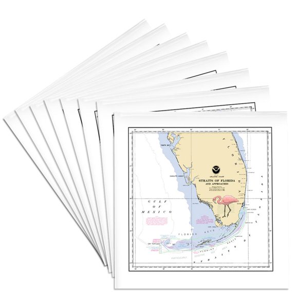 3drose, Print of Nautical Map of South Florida with Flamingo, Set of 8 Ceramic Tile Coasters