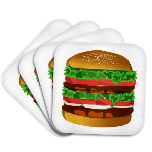 3drose, Print of Super Deluxe Hamburger Cartoon, Set of 4 Coasters - Soft