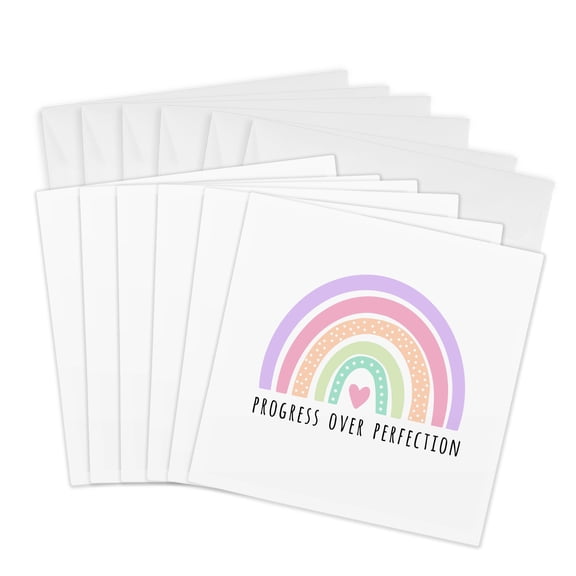 3drose, Progress over Perfection Cute Pastel Boho Rainbow Inspirational Quote, 6 Greeting Cards with Envelopes