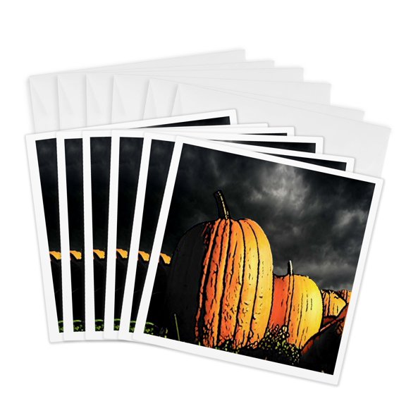 3drose, Pumpkin Patch at Night Painting Style, 6 Greeting Cards with Envelopes