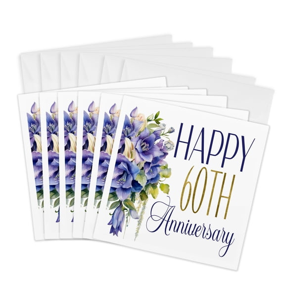 3drose, Purple Blue Bell Flowers Happy 60th Anniversary, 6 Greeting Cards with Envelopes