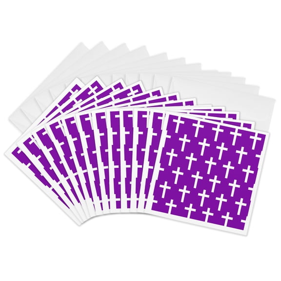 3drose, Purple Christian Cross Pattern with White Religious Crucifix Crosses, 12 Greeting Cards with Envelopes