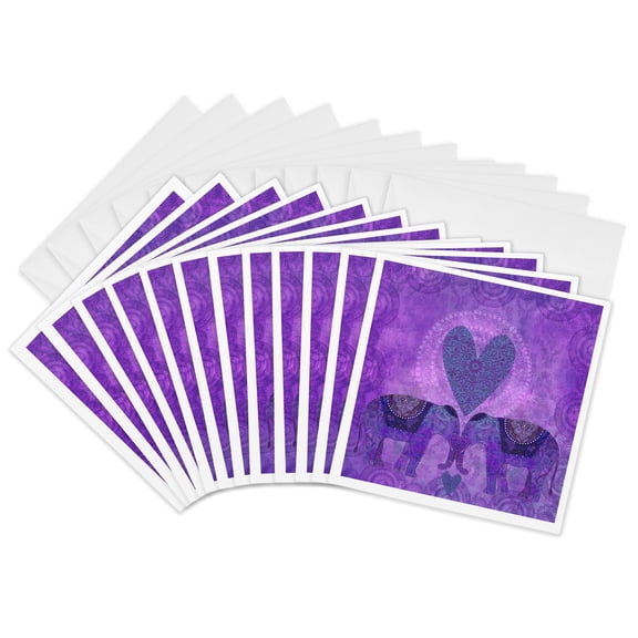 3drose, Purple Elephants in Love Illustration, 12 Greeting Cards with Envelopes