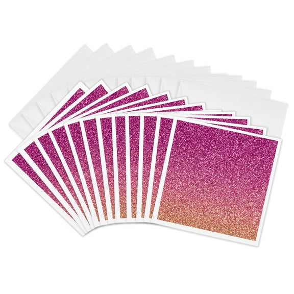 3drose, Purple Faux Digitally Printed Ombre to Pink Glitter Flat Design, 12 Greeting Cards with Envelopes