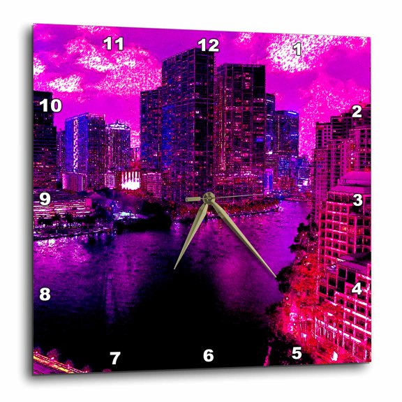 3drose, Purple Miami at Night with a Colorful Drawing Effect, 15x15 Wall Clock