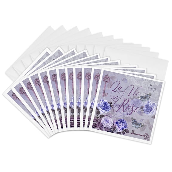 3drose, Purple Rose Illustratoin with French Text La Vie En Rose, 12 Greeting Cards with Envelopes