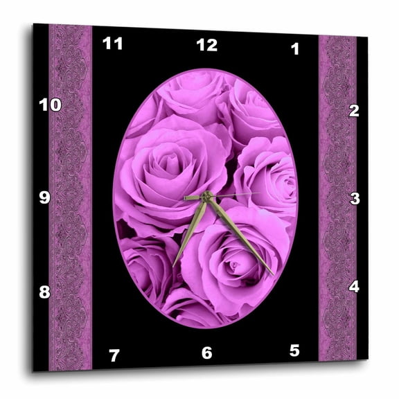 3drose, Purple Roses in Oval Frame Surrounded by Damask Ribbons, 13x13 Wall Clock