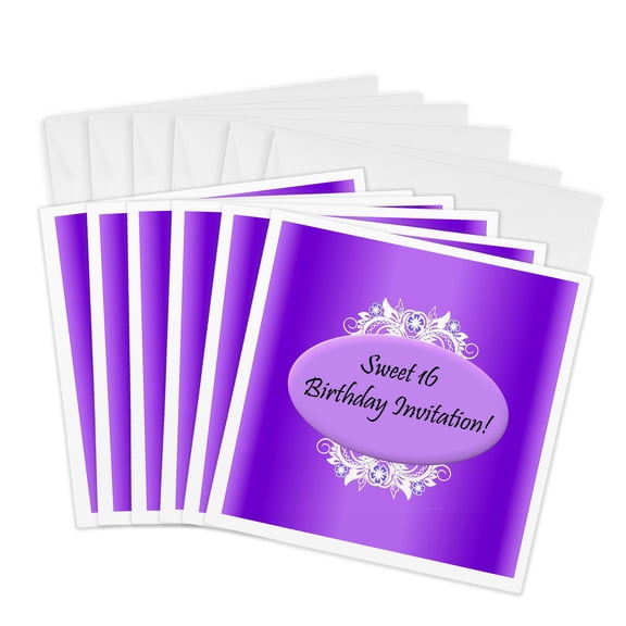 3drose, Purple Sweet 16 Birthday Invitations, 6 Greeting Cards with Envelopes