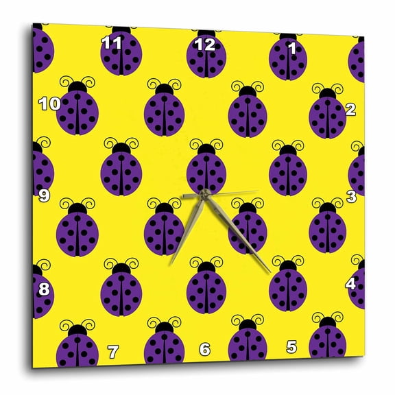 3drose, Purple on Yellow Lady Bugs All in a Row, 15x15 Wall Clock