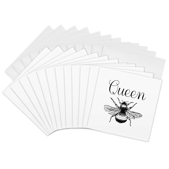 3drose, Queen Bee. Black Script and Bee Clipart on a White Background., 12 Greeting Cards with Envelopes