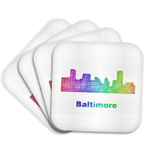 3drose, Rainbow City Skyline of Baltimore, Maryland, Set of 4 Coasters - Cork