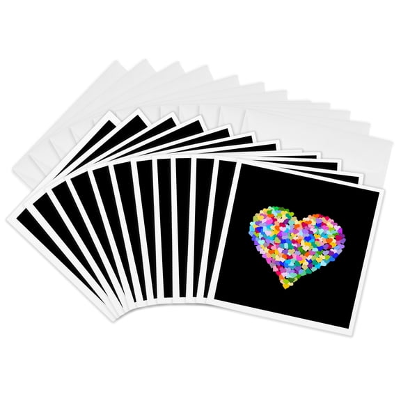 3drose, Rainbow Heart of Hearts on Stylish Black - Colorful Romantic Multicolored Cute Contemporary Modern, 12 Greeting Cards with Envelopes