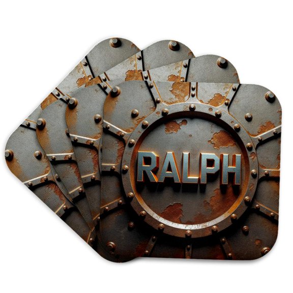3drose, Ralph Man Name, Grunge and Rusty Plate. Splendid Personal Art Gift, Set of 4 Coasters - Soft