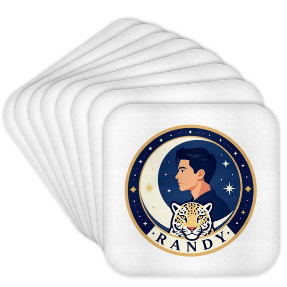 3drose, Randy Male Name, Moon, Man, Snow Leopard Head. Artsy Gift for a Man, Set of 8 Coasters - Cork