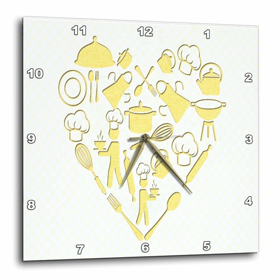 3drose, Recipe Kitchen Utensils Yellow, 10x10 Wall Clock