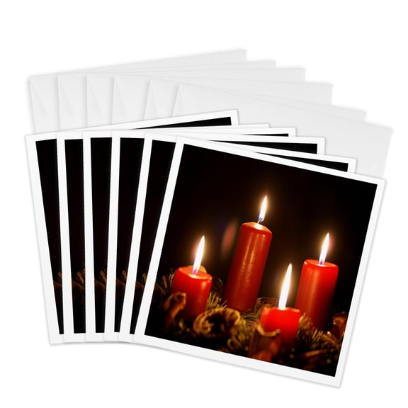 3drose, Red Advent Calendar Candles Burning with Black Background, 6 Greeting Cards with Envelopes