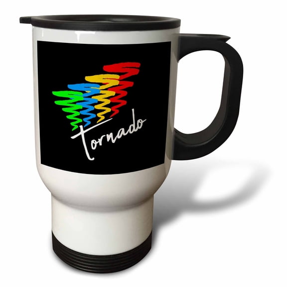 3drose, Red, Blue, Green, Yellow Shapes. White Text Tornado, Black Background, 14oz Stainless Steel Travel Mug
