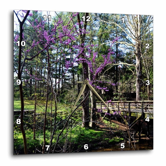 3drose, Red Bud Tree and Bridge, 10x10 Wall Clock