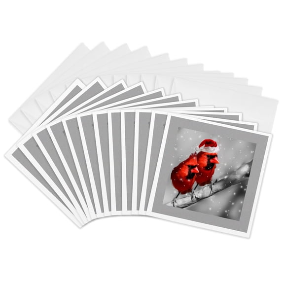 3drose, Red Cardinal Birds in Santa Hat Winter Black and White Scene, 12 Greeting Cards with Envelopes