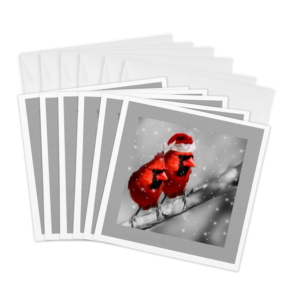 3drose, Red Cardinal Birds in Santa Hat Winter Black and White Scene, 6 Greeting Cards with Envelopes