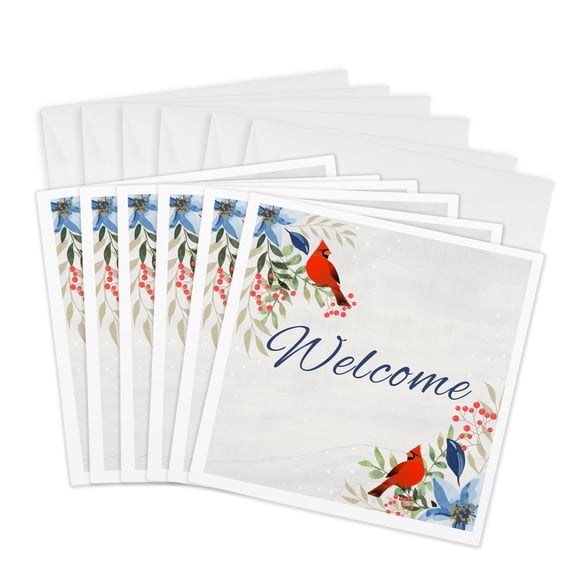 3drose, Red Cardinal Welcome Sign - Modern Rustic Bird Berries Blue Flowers, 6 Greeting Cards with Envelopes