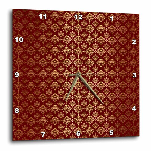 3drose, Red Gold Color Small Royal Damask Pattern, 10x10 Wall Clock