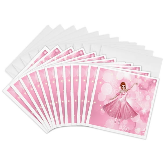 3drose, Red Headed Ballerina in a Pink Tutu with Winter Snowflake Bokeh, 12 Greeting Cards with Envelopes