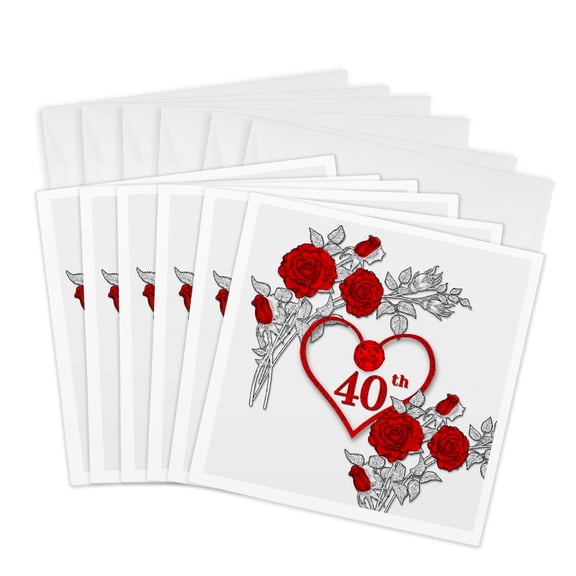 3drose, Red Heart and Roses 40th Ruby Anniversary for Wedding or Business, 6 Greeting Cards with Envelopes