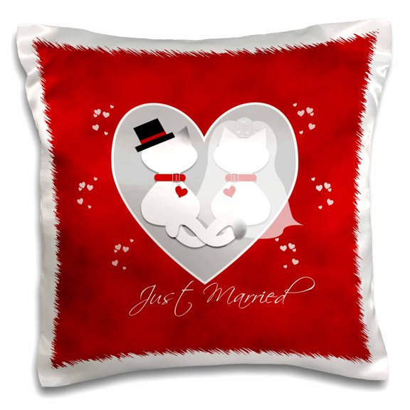 3drose, Red Marbled Just Married Siamese and White Kitty Cats Wedding Couple, 16x16 inch Pillow Case