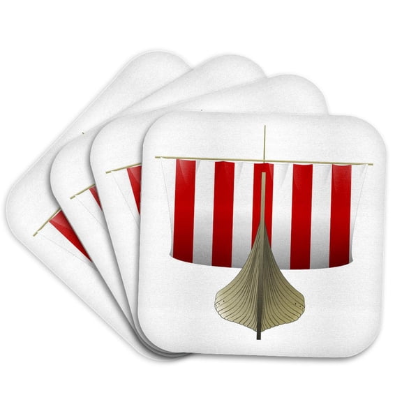 3drose, Red N White Viking Ship, Set of 4 Coasters - Soft