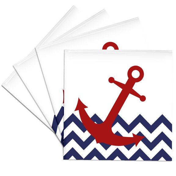 3drose, Red Nautical Boat Anchor on Chevron Pattern, Set of 4 Ceramic Tile Coasters