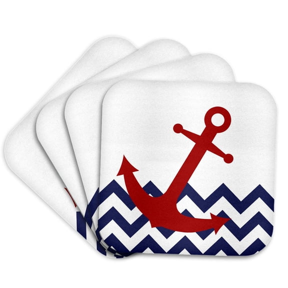 3drose, Red Nautical Boat Anchor on Chevron Pattern, Set of 4 Coasters - Cork