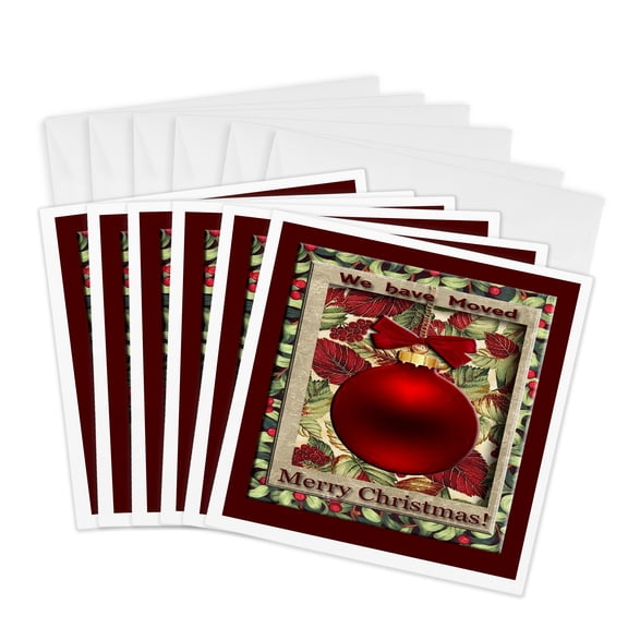 3drose, Red Ornament, Merry Christmas, We Have Moved, 6 Greeting Cards with Envelopes